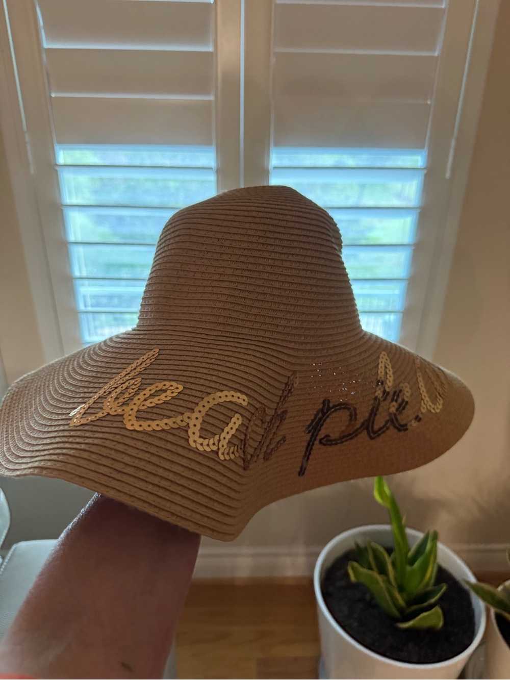 Embellished Wide-Brim Straw Sun Hat - Gold Script